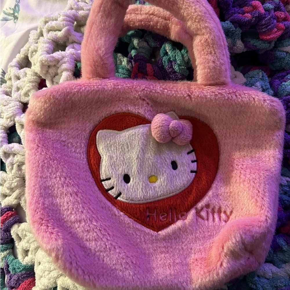 Hello Kitty Sanrio Pink Heart Faux Fur Plush Bag Purse